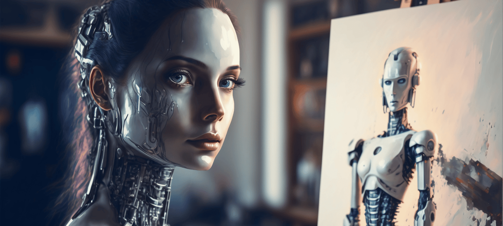 un androïde au visage féminin face à une peinture de robot sur une toile, l'androïde regarde dans notre direction, art cyberpunk et futuriste