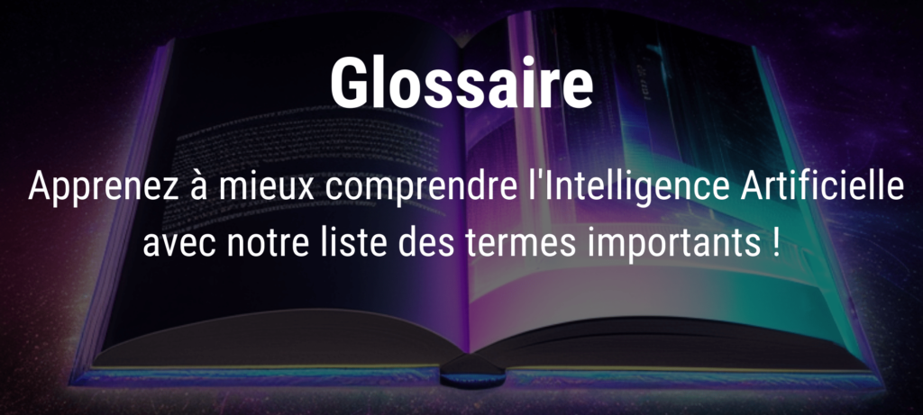 image de couverture représentant un livre ouvert futuriste et lumineux posé au sol, avec le mot Glossaire par dessus