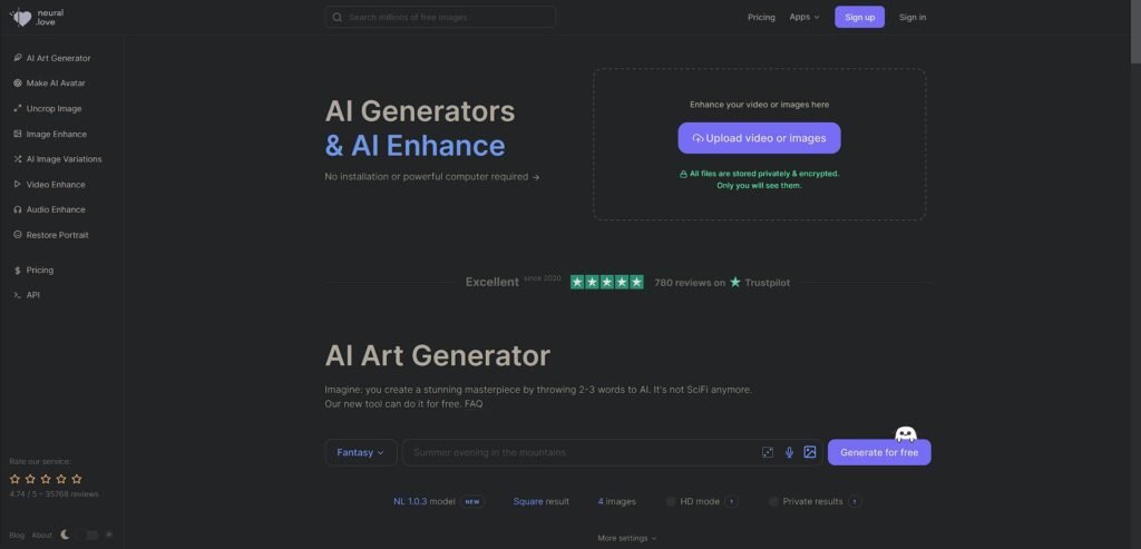 Page d'accueil de l'outil IA d'art et d'édition d'images Neural Love