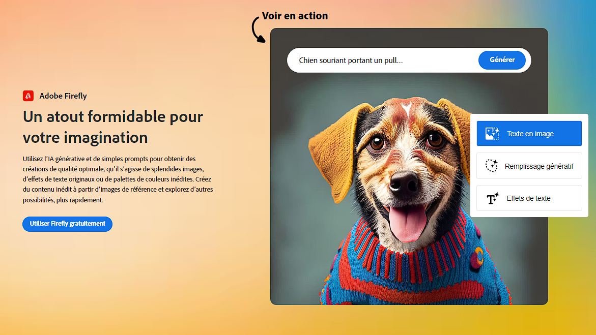 Page d'accueil de l'outil IA d'art et d'édition d'images Adobe Firefly