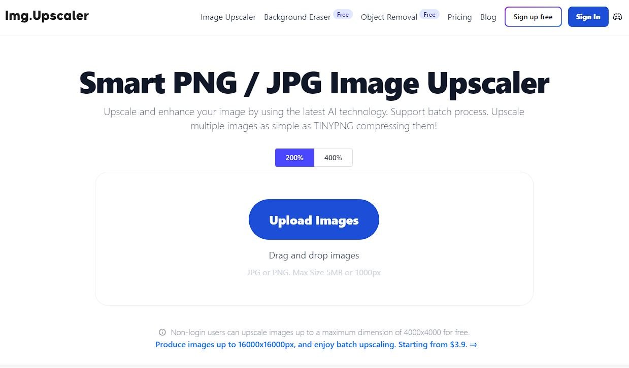 Page d'accueil de l'outil IA d'art et d'édition d'images Img.Upscaler