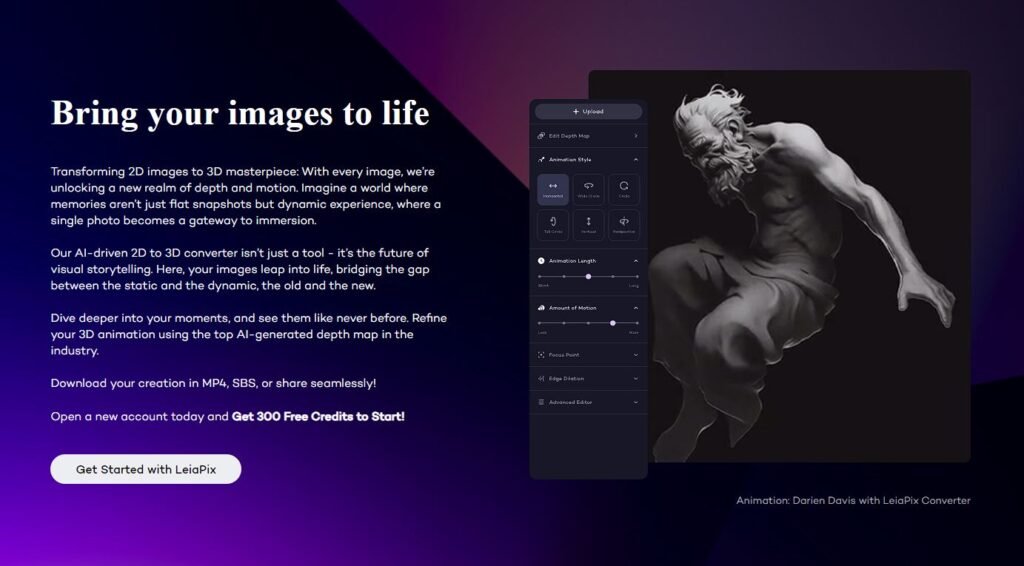 Page d'accueil de l'outil IA d'art et d'édition d'images LeiaPix