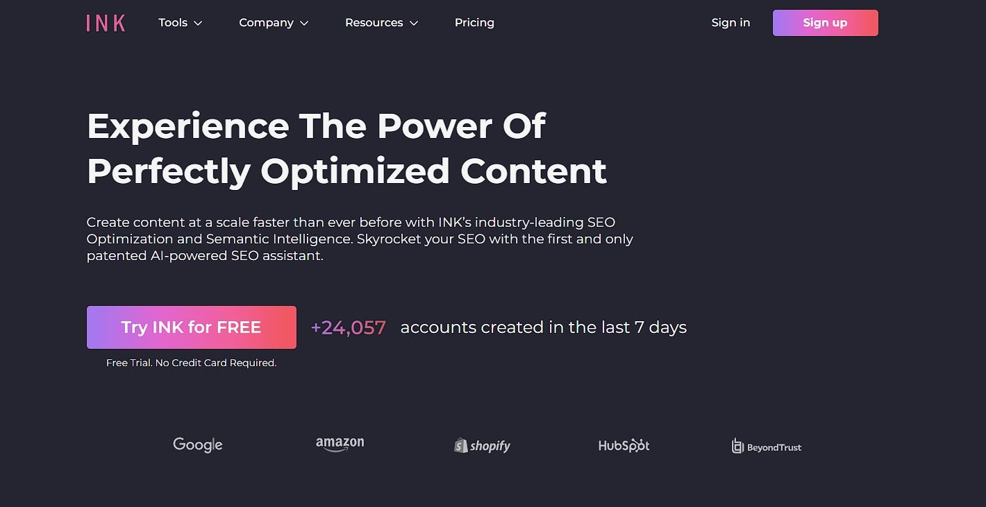 Page d'accueil de l'outil IA de rédaction INK