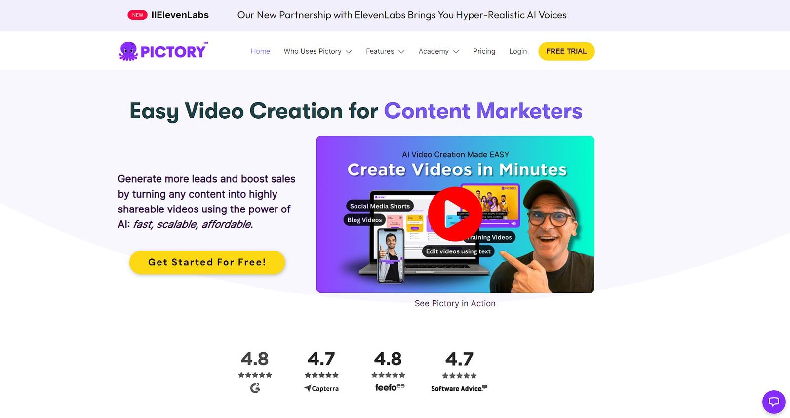 Page d'accueil de l'outil IA d'Édition Vidéo Pictory.ai