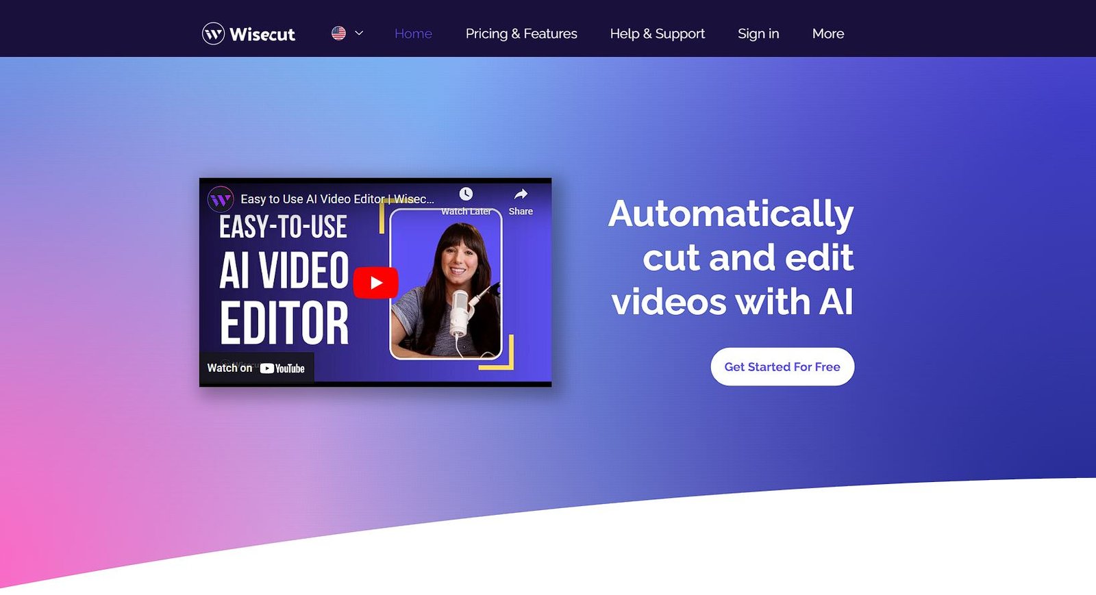 Page d'accueil de l'outil IA d'édition vidéo Wise Cut.