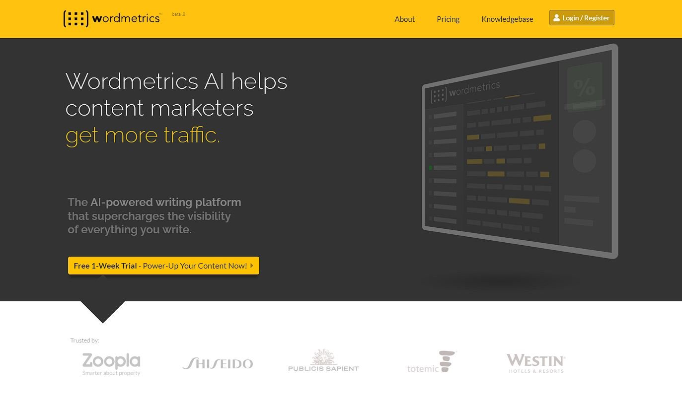 Page d'accueil de l'outil IA Wordmetrics pour la rédaction et le SEO .
