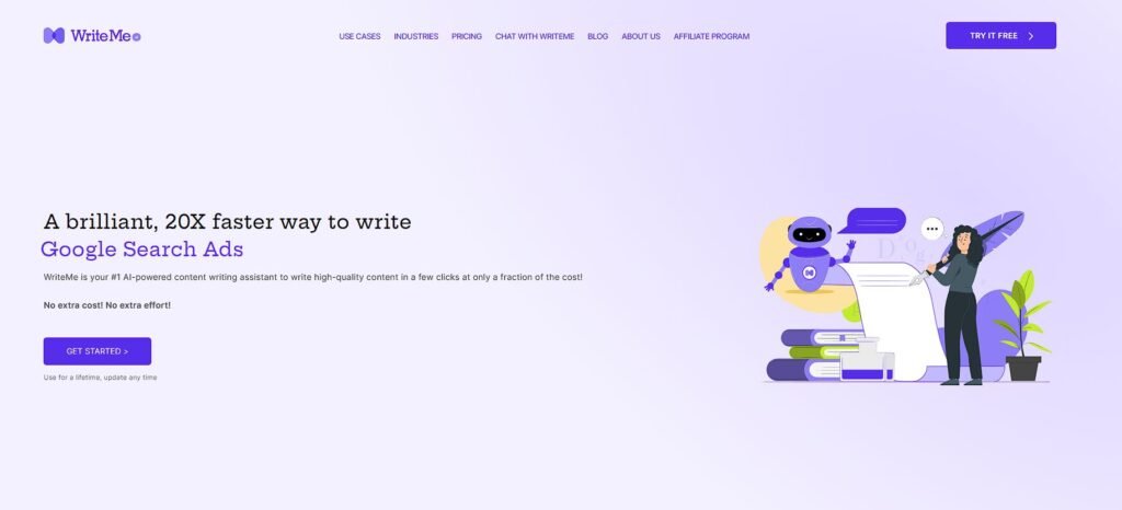 Page d'accueil de l'outil IA de rédaction WriteME