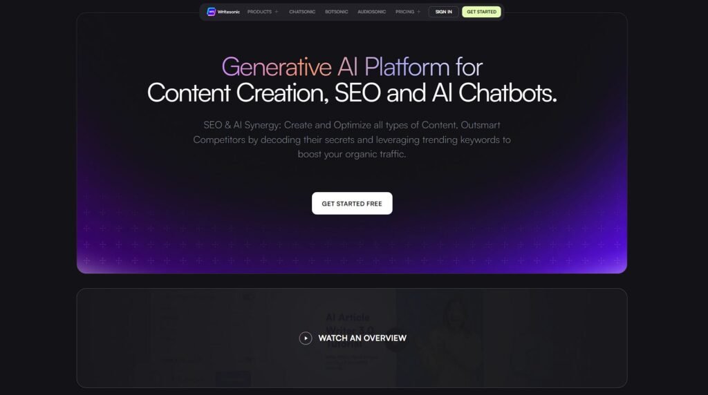 Page d'accueil de l'outil IA de Rédaction SEO Writesonic