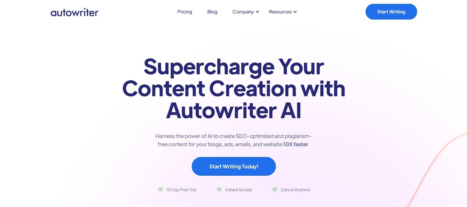 Page d'accueil de l'outil IA de rédaction Autowriter.ai