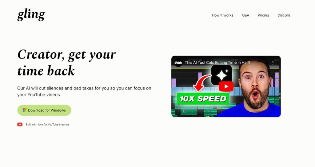 Page d'accueil de l'outil IA d'Édition Vidéo Gling