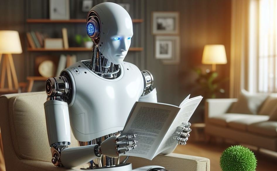 Robot IA lisant un journal dans le salon