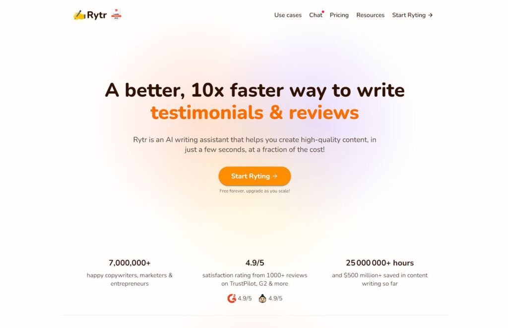 Page d'accueil de l'outil IA de rédaction Rytr