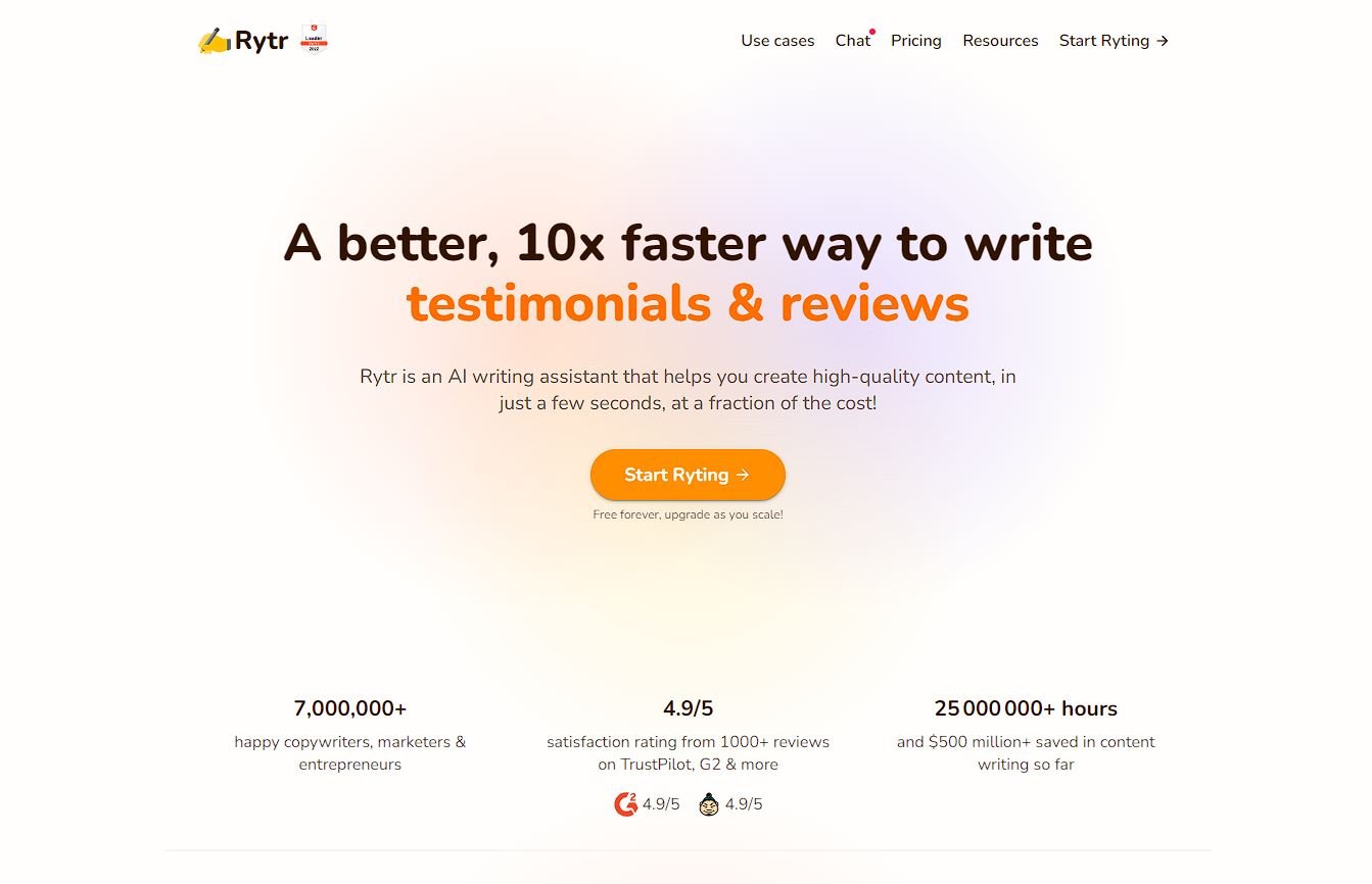 Page d'accueil de l'outil IA de rédaction Rytr