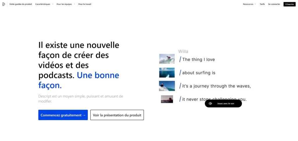 Page d'accueil de l'outil IA d'Édition Vidéo Descript