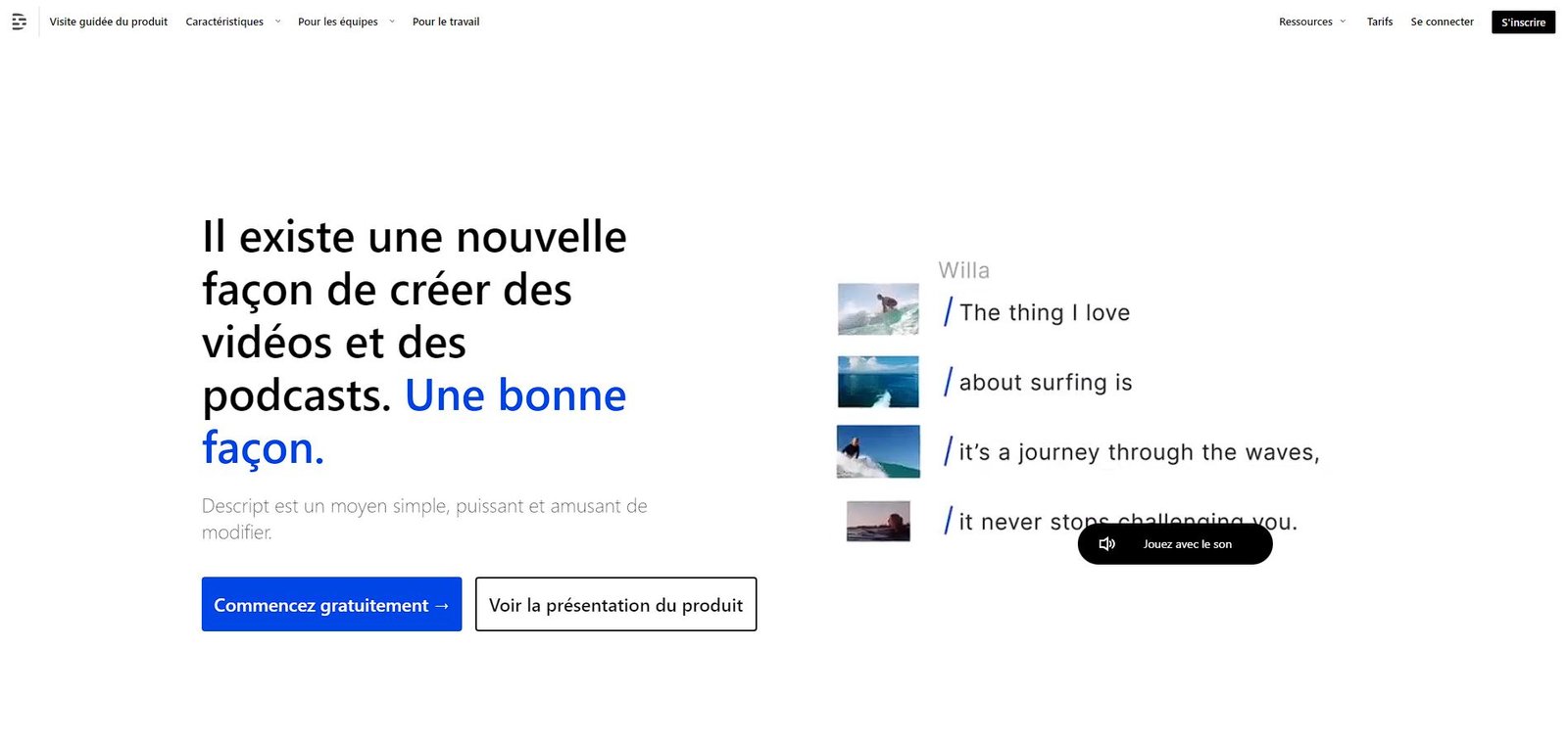 Page d'accueil de l'outil IA d'Édition Vidéo Descript