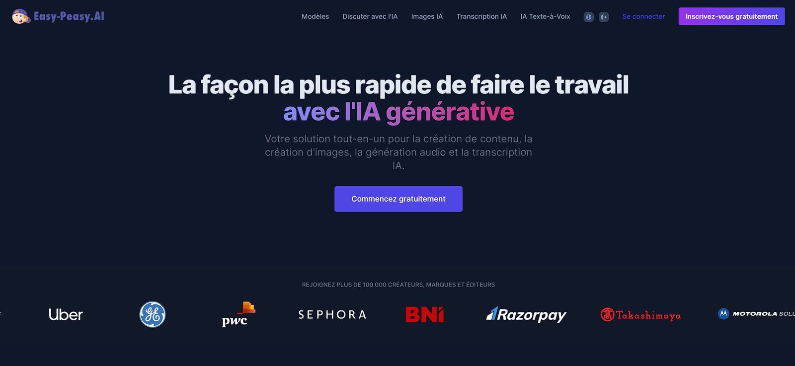 Page d'accueil de la Suite IA Multimédia Easy-Peasy.ai