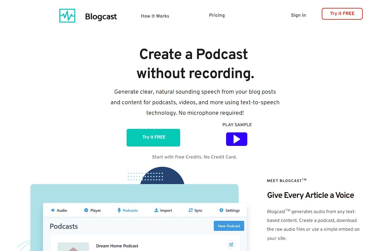 Page d'accueil de l'outil IA de Synthèse vocale (TTS) Blogcast