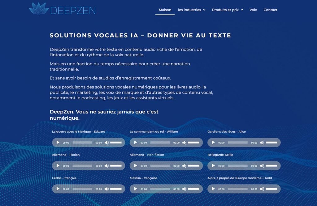 Page d'accueil de l'outil IA de Synthèse vocale (TTS) Deepzen