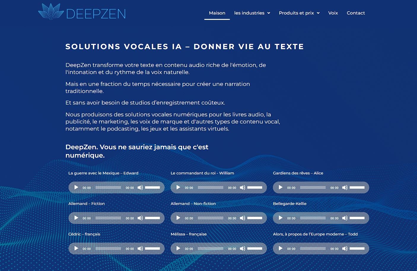 Page d'accueil de l'outil IA de Synthèse vocale (TTS) Deepzen