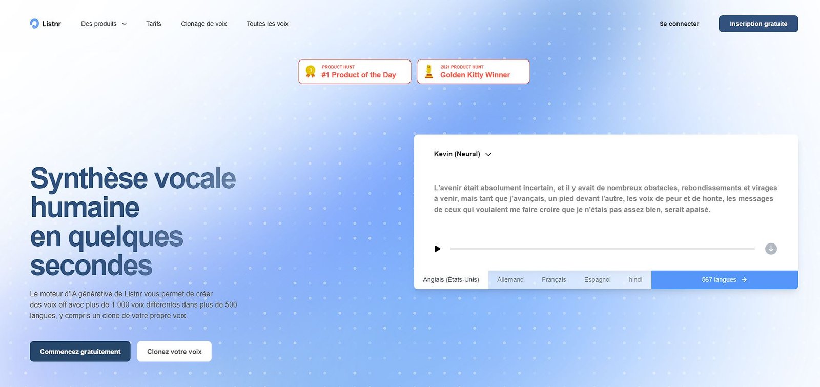 Page d'accueil de l'outil IA de Synthèse vocale (TTS) Listnr.ai