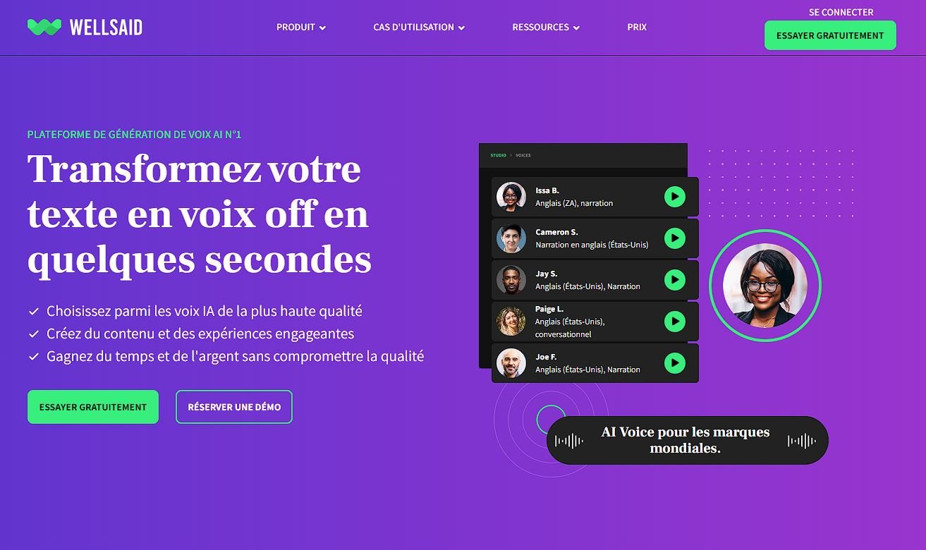 Page d'accueil de l'outil IA de Synthèse vocale (TTS) Wellsaid